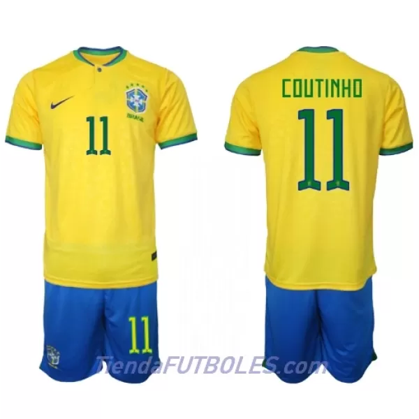 Conjunto Brasil Philippe Coutinho 11 Niño Primera Mundial 2022